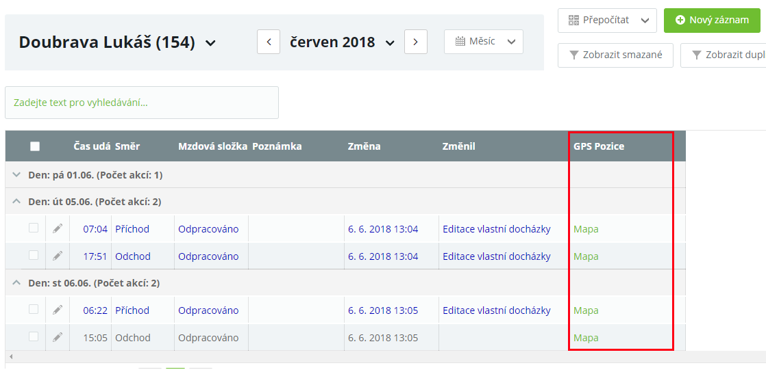 Obr. 22: Hodnoty pozice GPS v tabulce „Průchody a akce“